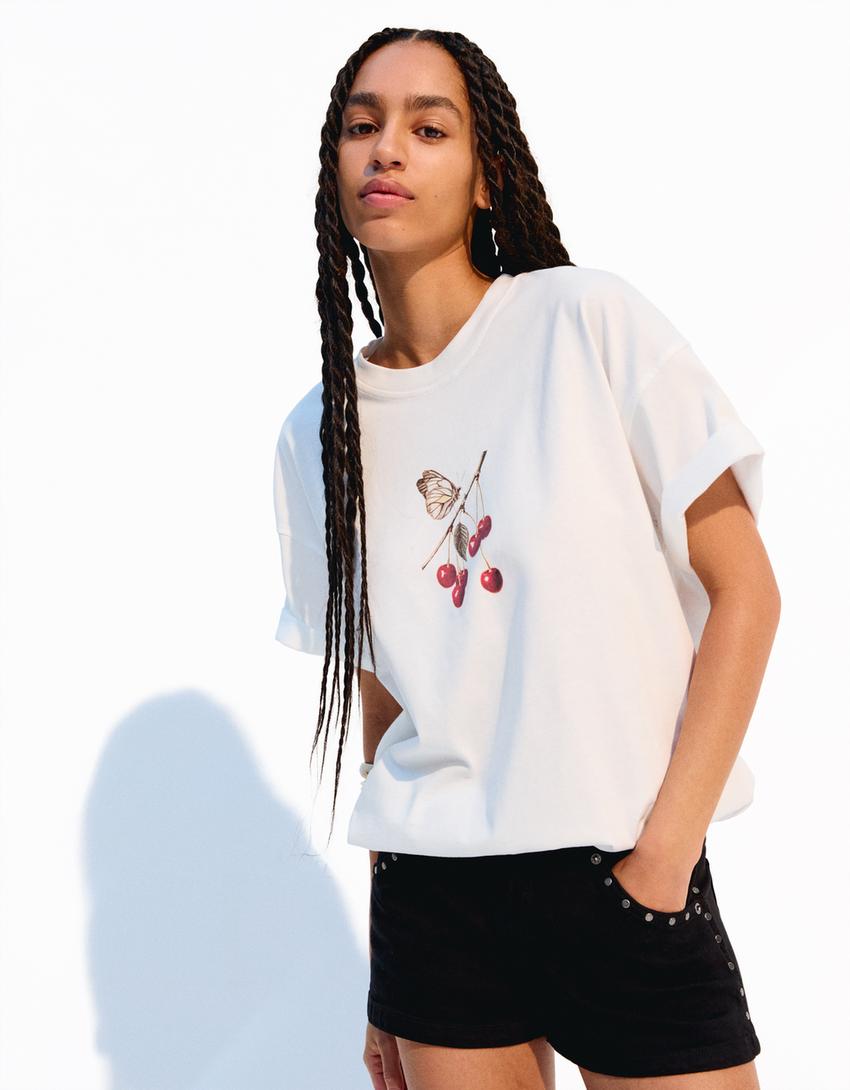 Oversized T-shirt met print en korte mouw-Gebroken Wit-1