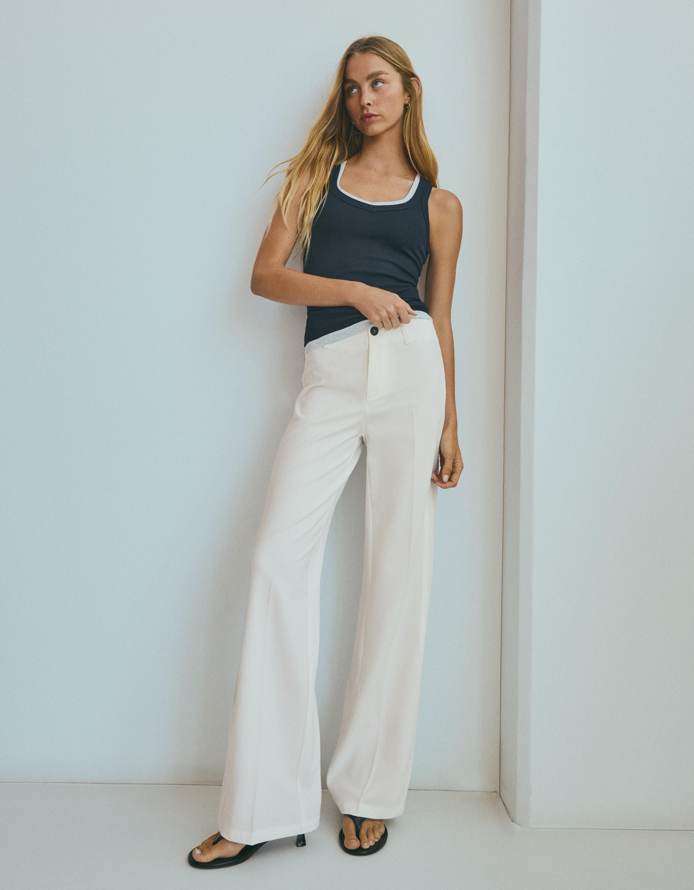 Bershka Pantalón Wide Leg Mujer Blanco