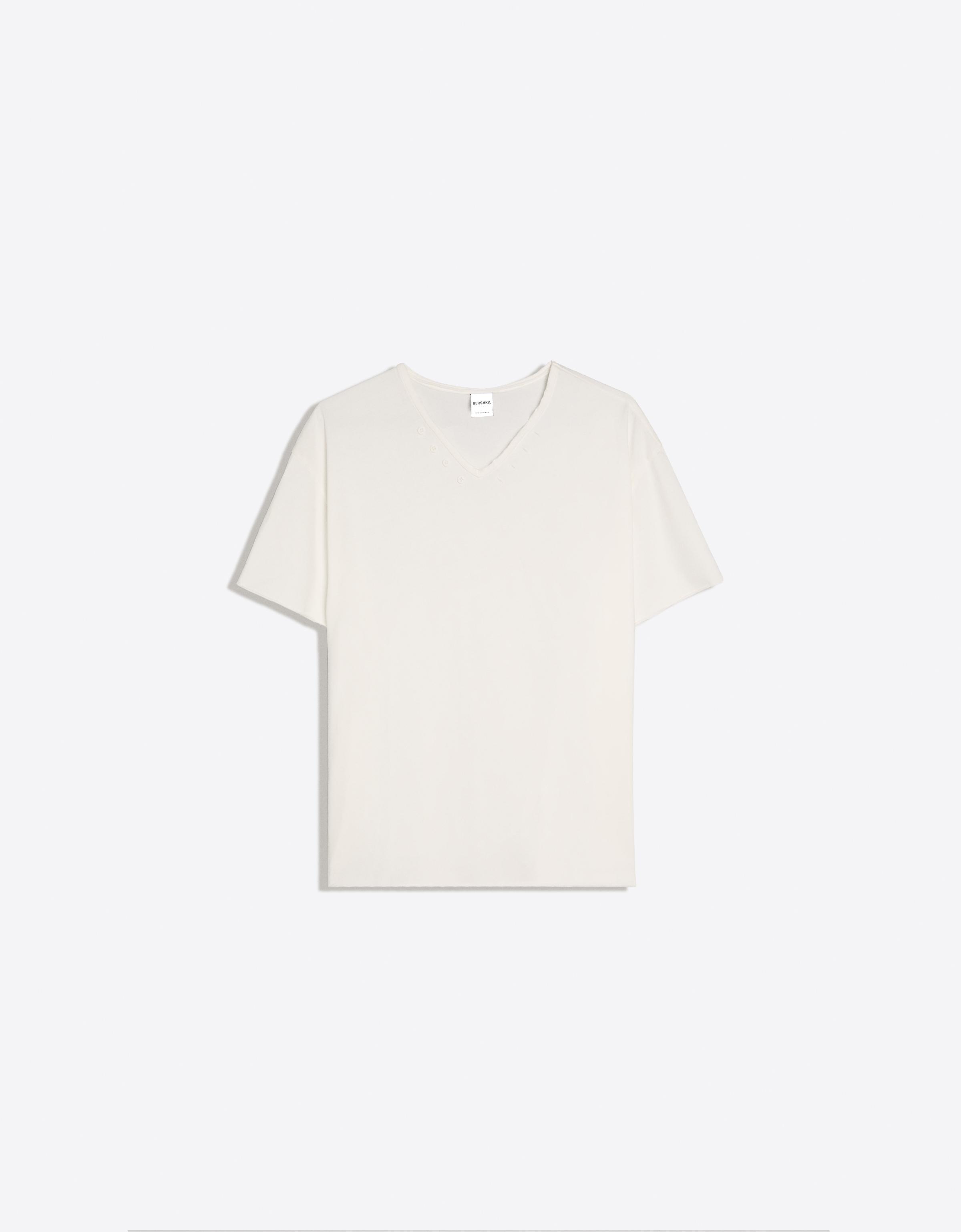 Bershka Camiseta Manga Corta Cuello Pico Hombre Blanco