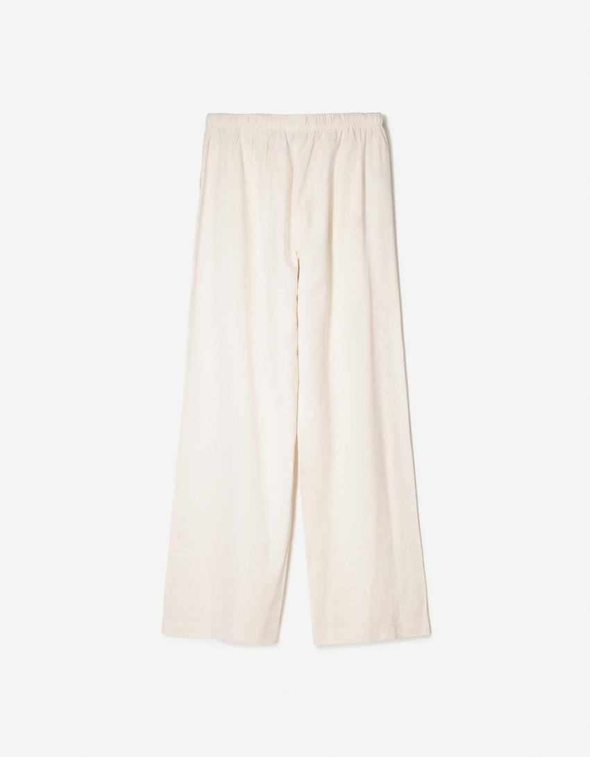 Beli lastikli keten pantolon-Kum rengi-4