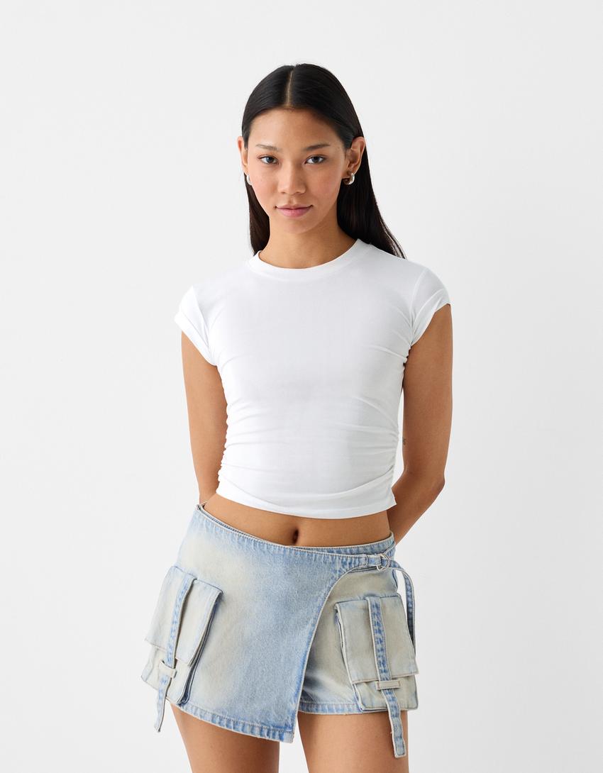 Jupe-culotte cargo denim-Bleu lavé-1