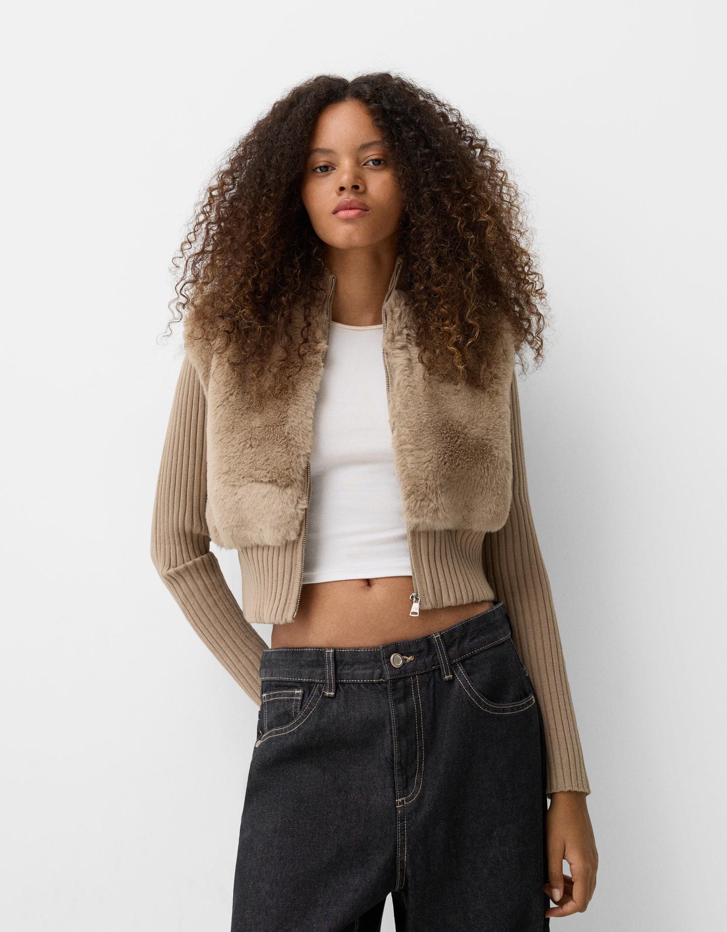 Bershka Chaqueta Bomber Pelo Mangas Rib Mujer L Visón