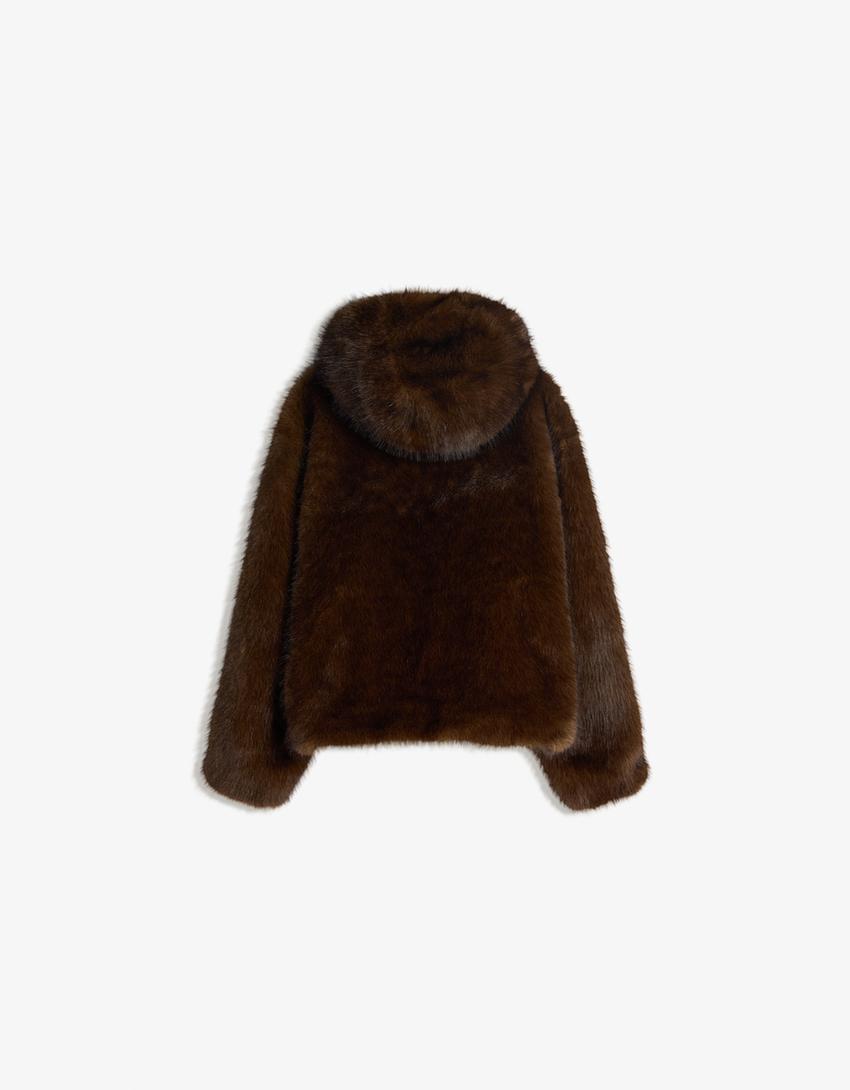 Faux fur hooded jacket-Brown