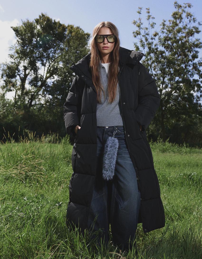Long hooded puffer coat-Black