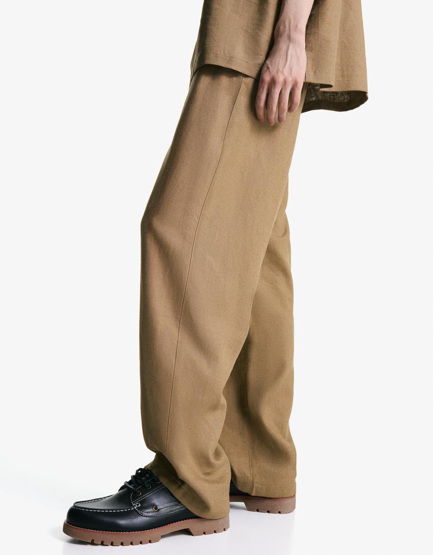 Bő szárú lenkeverék joggingnadrág-Tevebarna-2