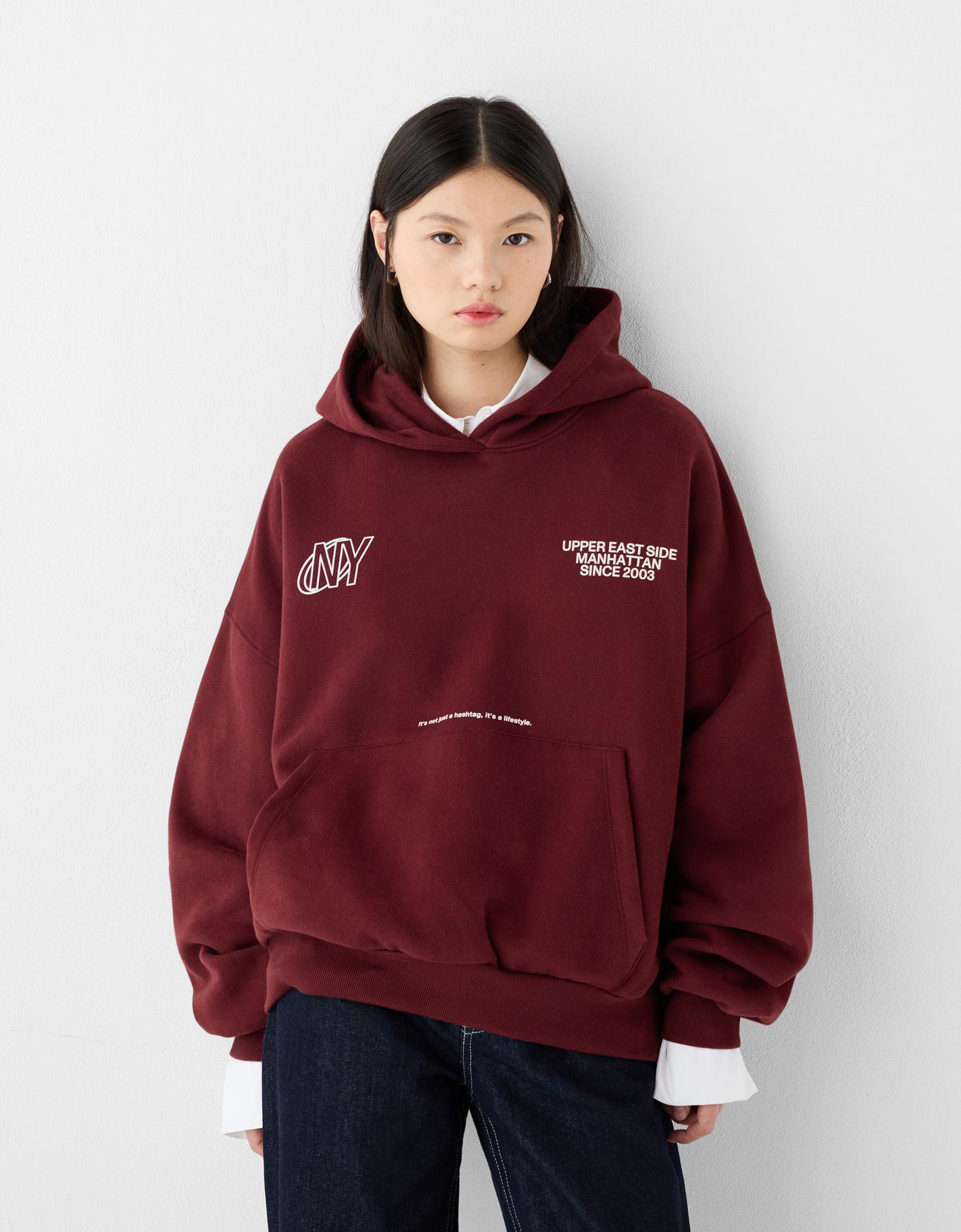 Bershka Felpa Cappuccio Stampa Donna L Bordeaux