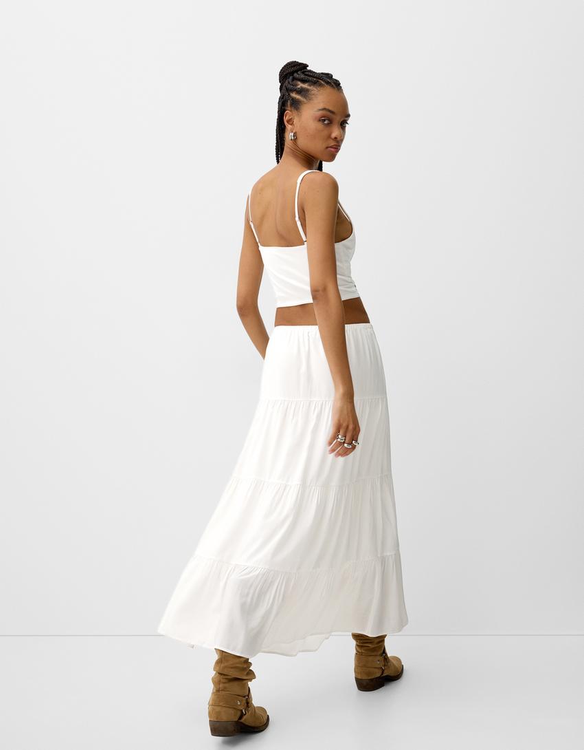 Vestido midi com elástico na cintura-Branco-2