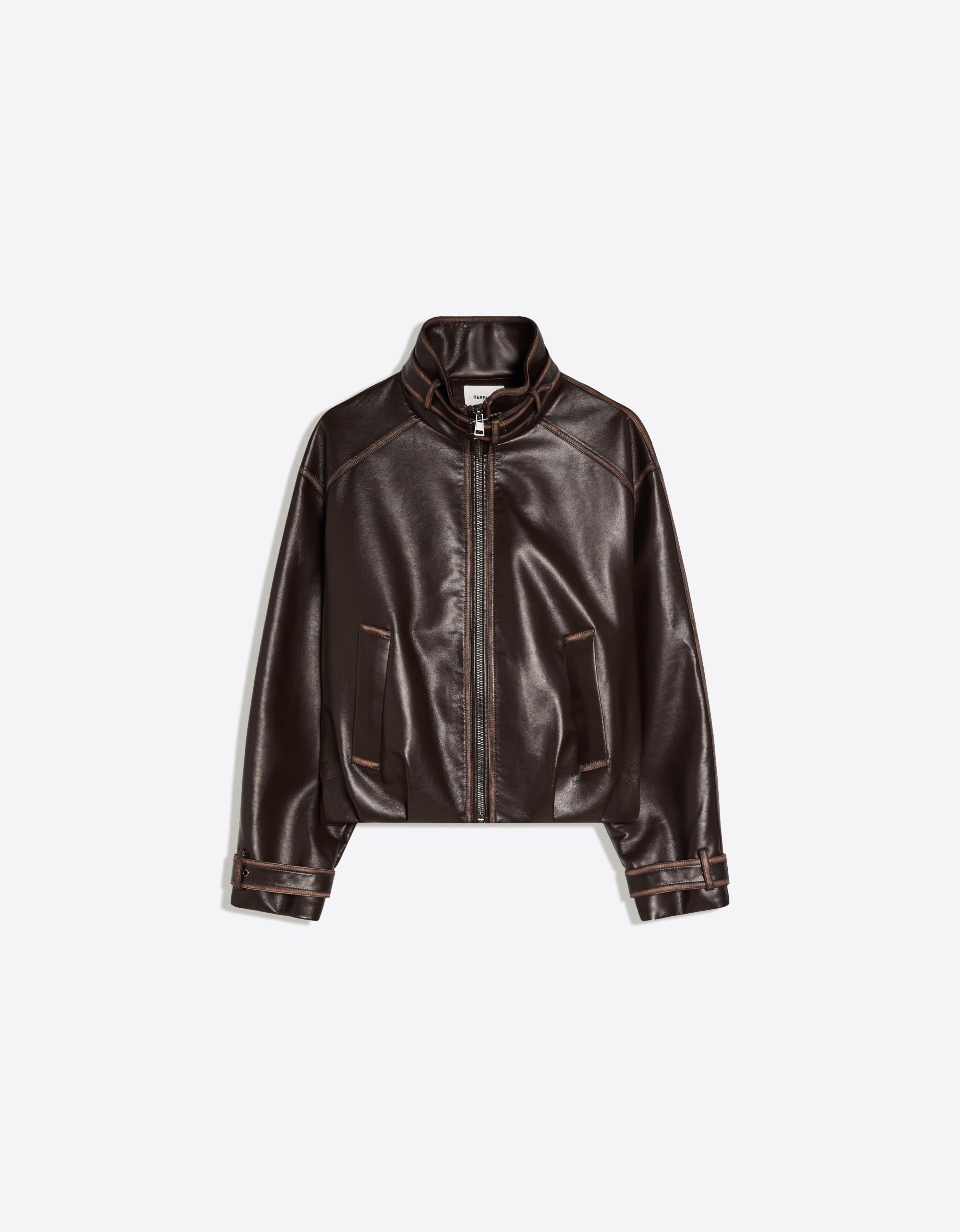 Leather effect funnel neck jacket — Brown