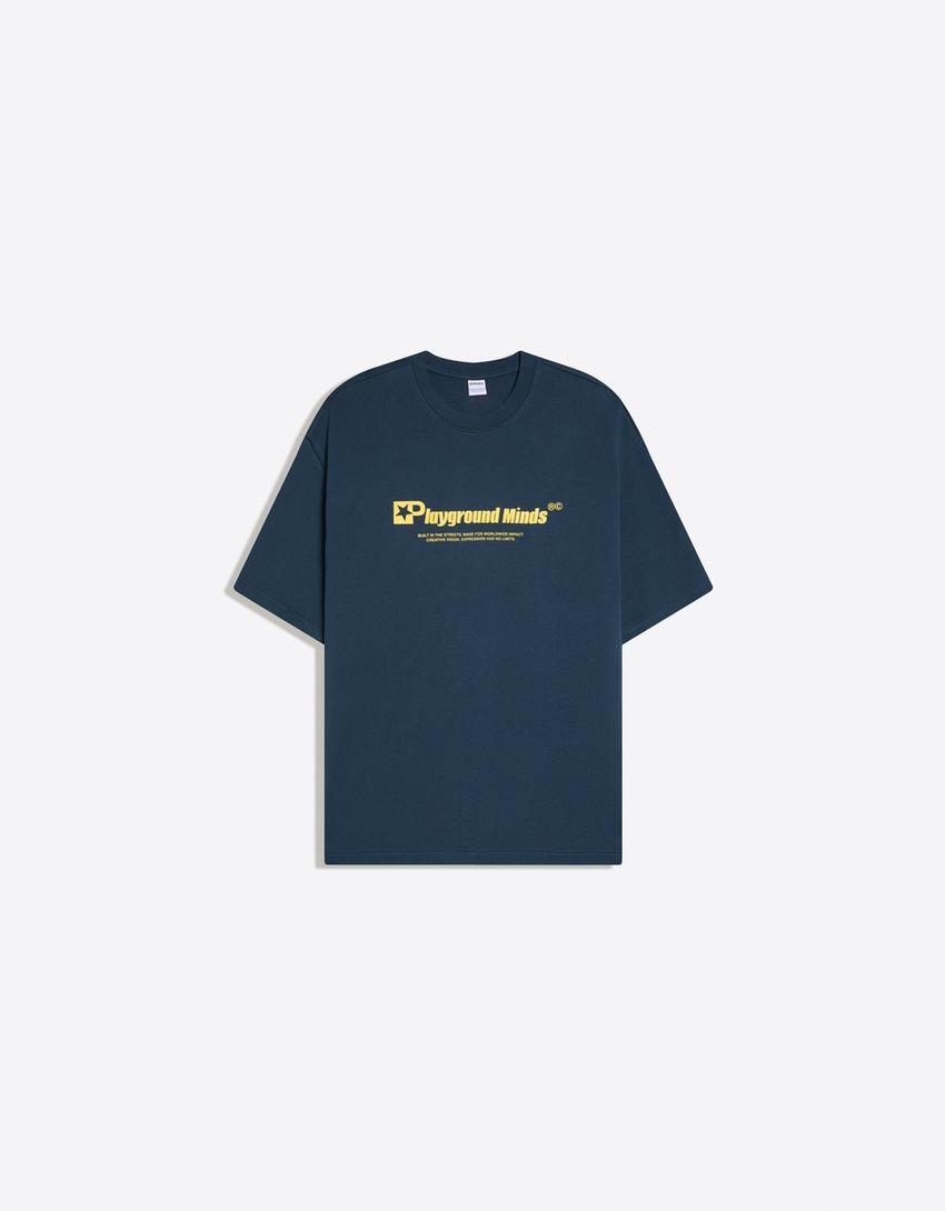 Camiseta manga corta felpa print-Azul