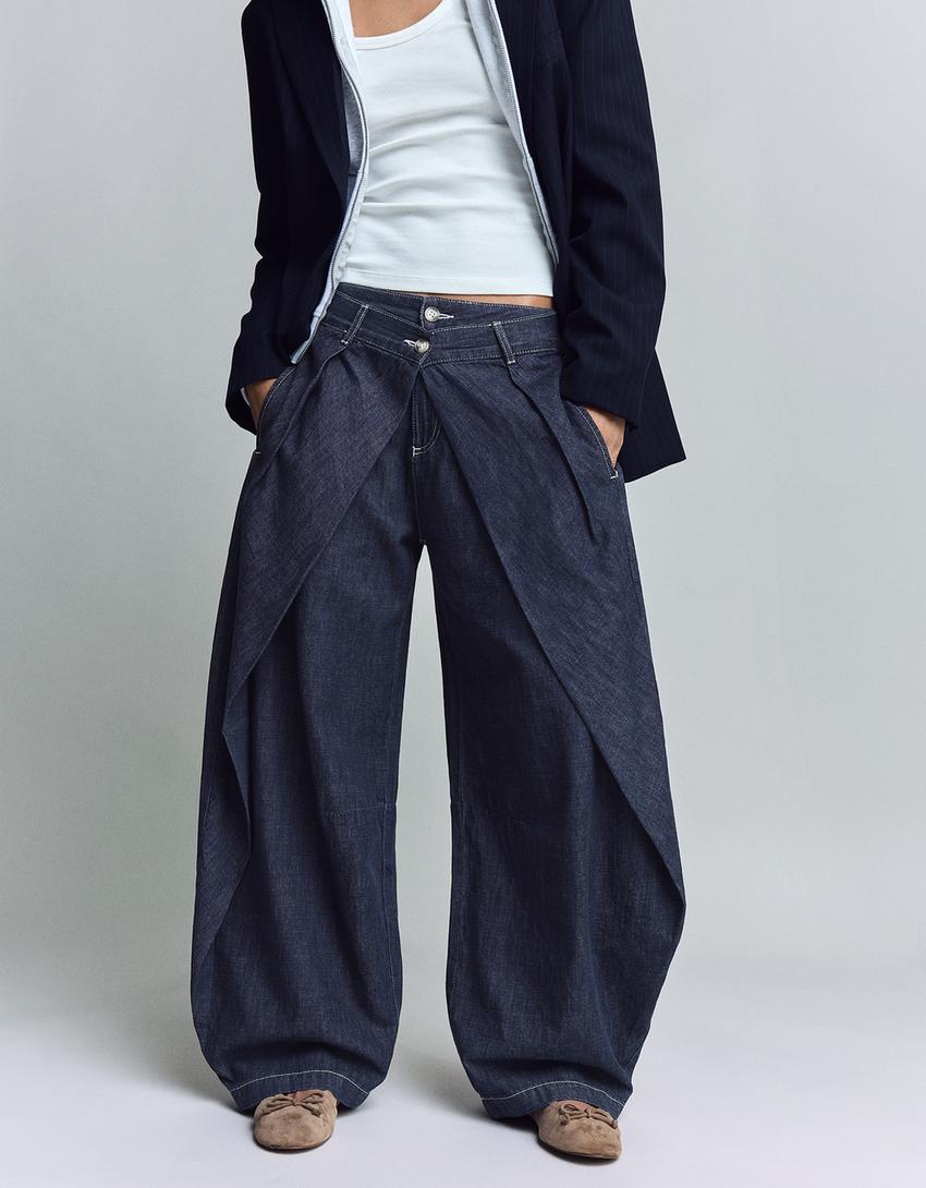 Balloon-Jeans mit Falten und tiefem Bund-Marinenblau