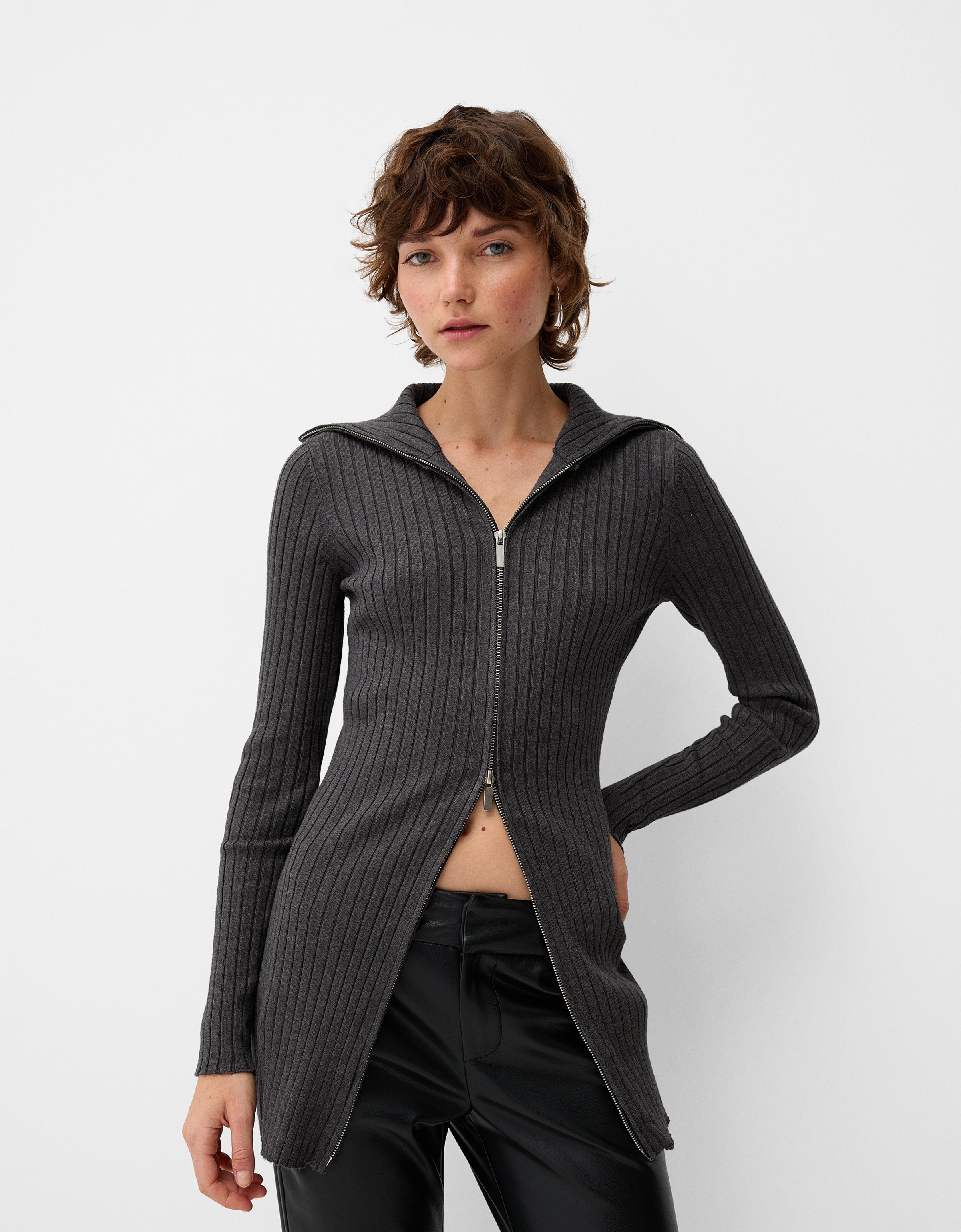 Bershka ribbed cardigan with zip sale