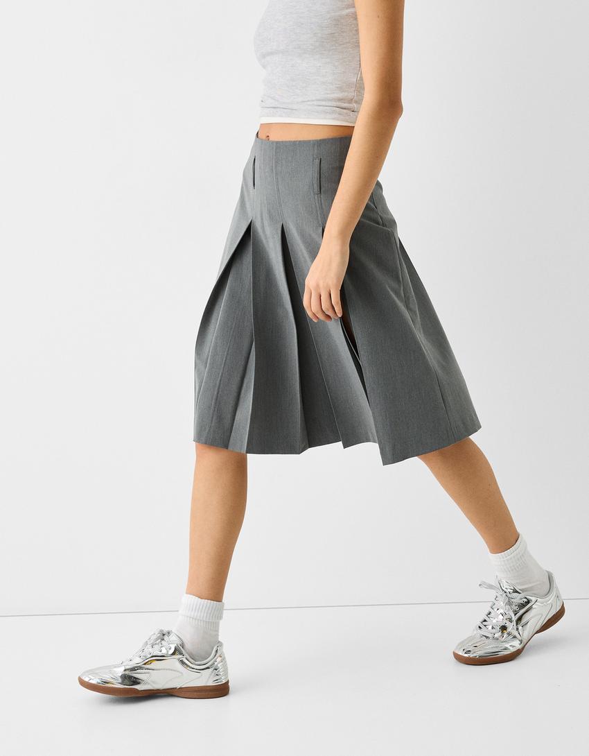 تنورة ميدي بكسرات-رمادي-4