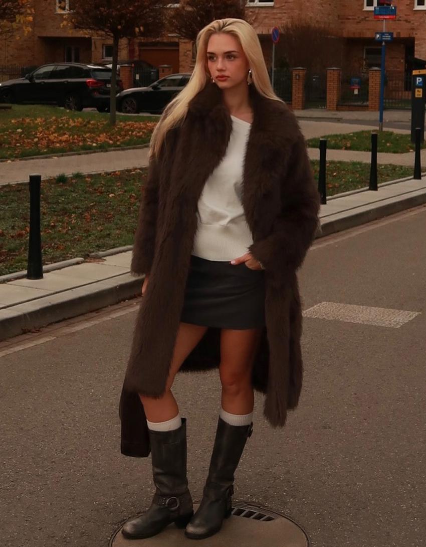 Long faux fur coat-Brown