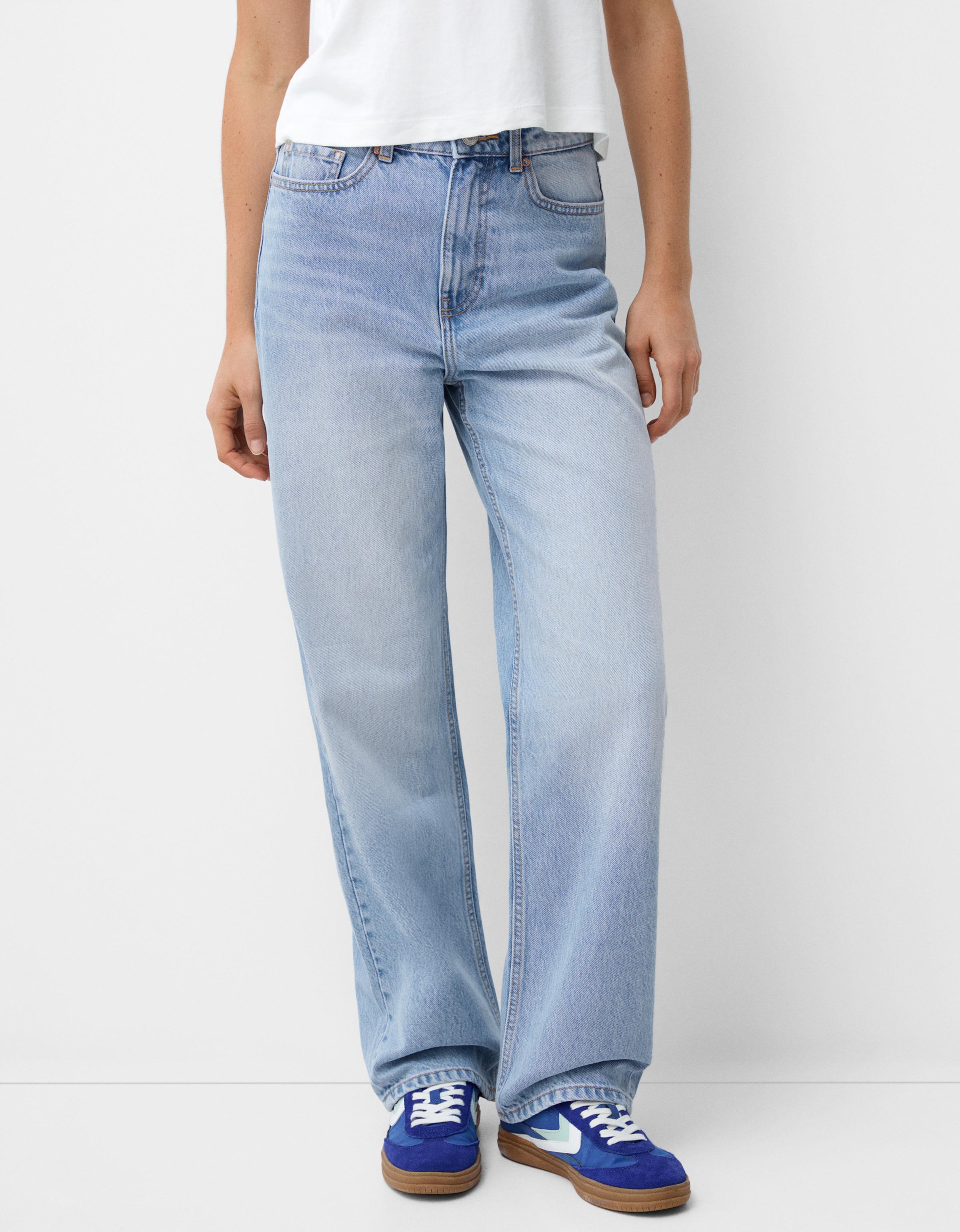 Bershka Straight-Jeans Mit Wide-Leg Damen 34 Ausgewaschenes Blau