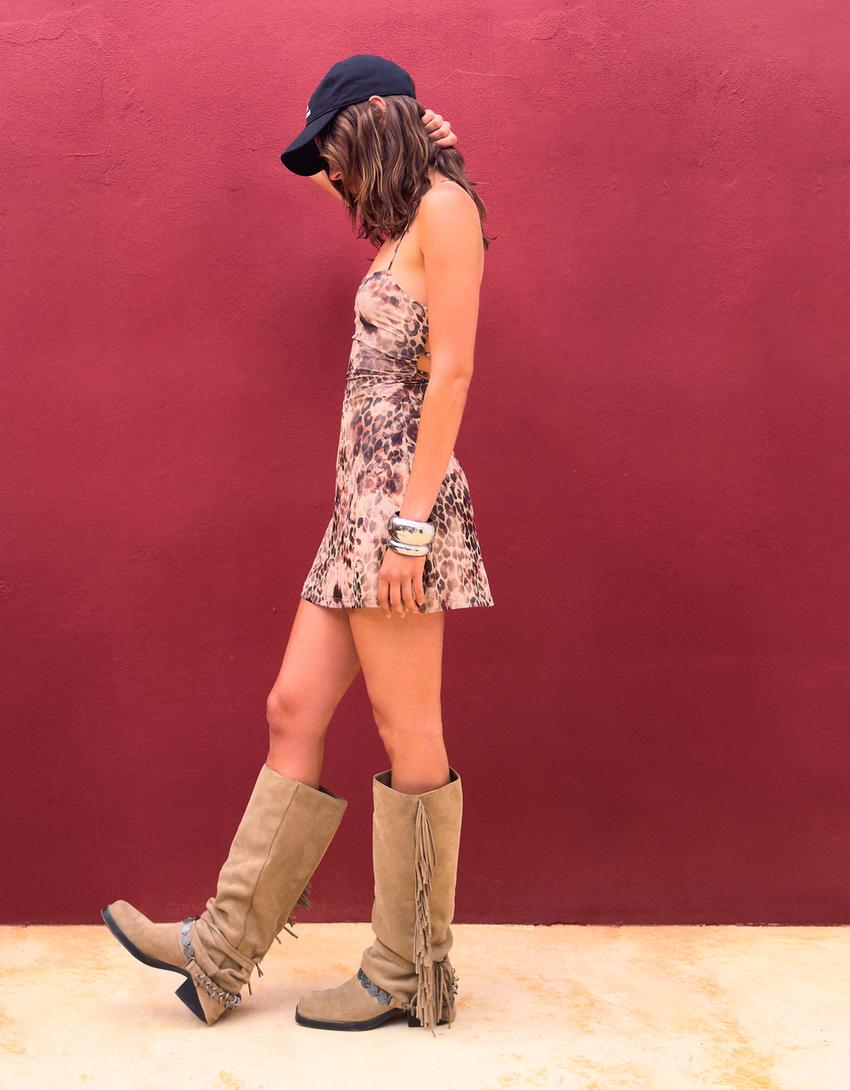 Strappy tulle animal print mini dress-Brown-0