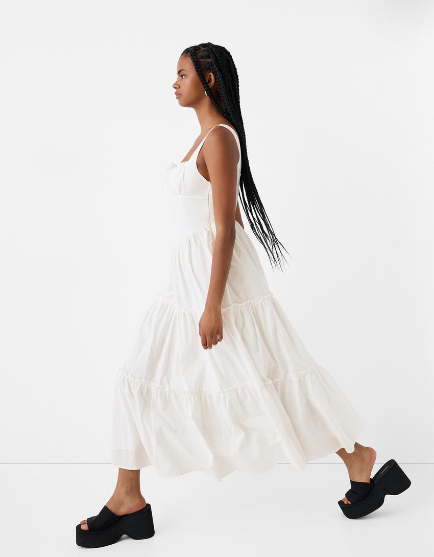 Flounce maxi dress with buttons-Off white