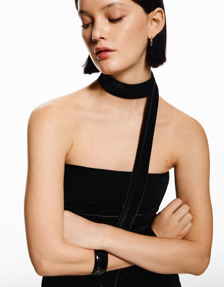 Vestito mini a fascia in velluto con foulard-Nero