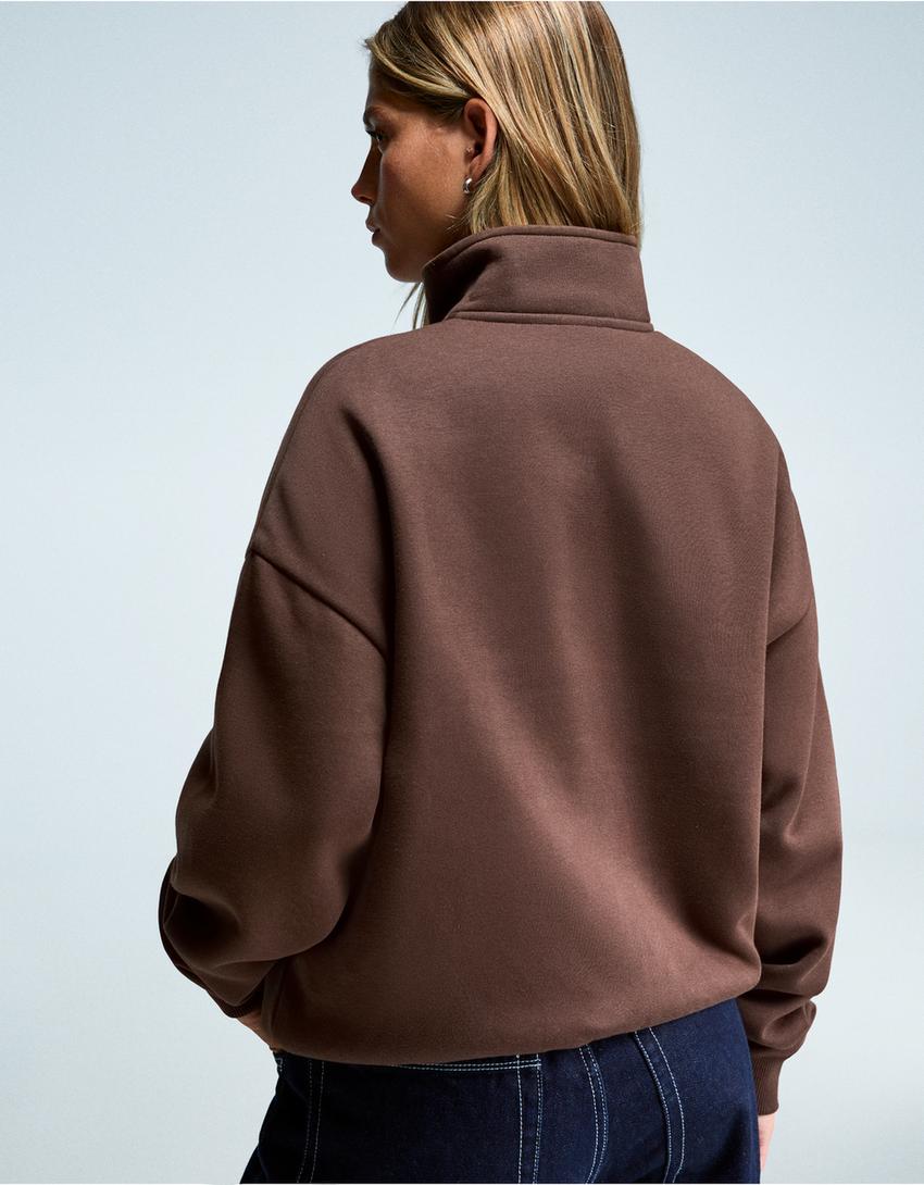 Sweatshirt met korte rits en print-Bruin-1