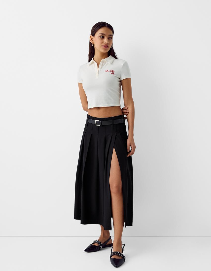 Tailored fit box pleat midi skirt with belt and split-Black-0