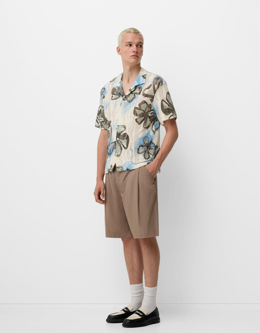 Camisa de manga curta com estrutura e estampado-Gelo-3