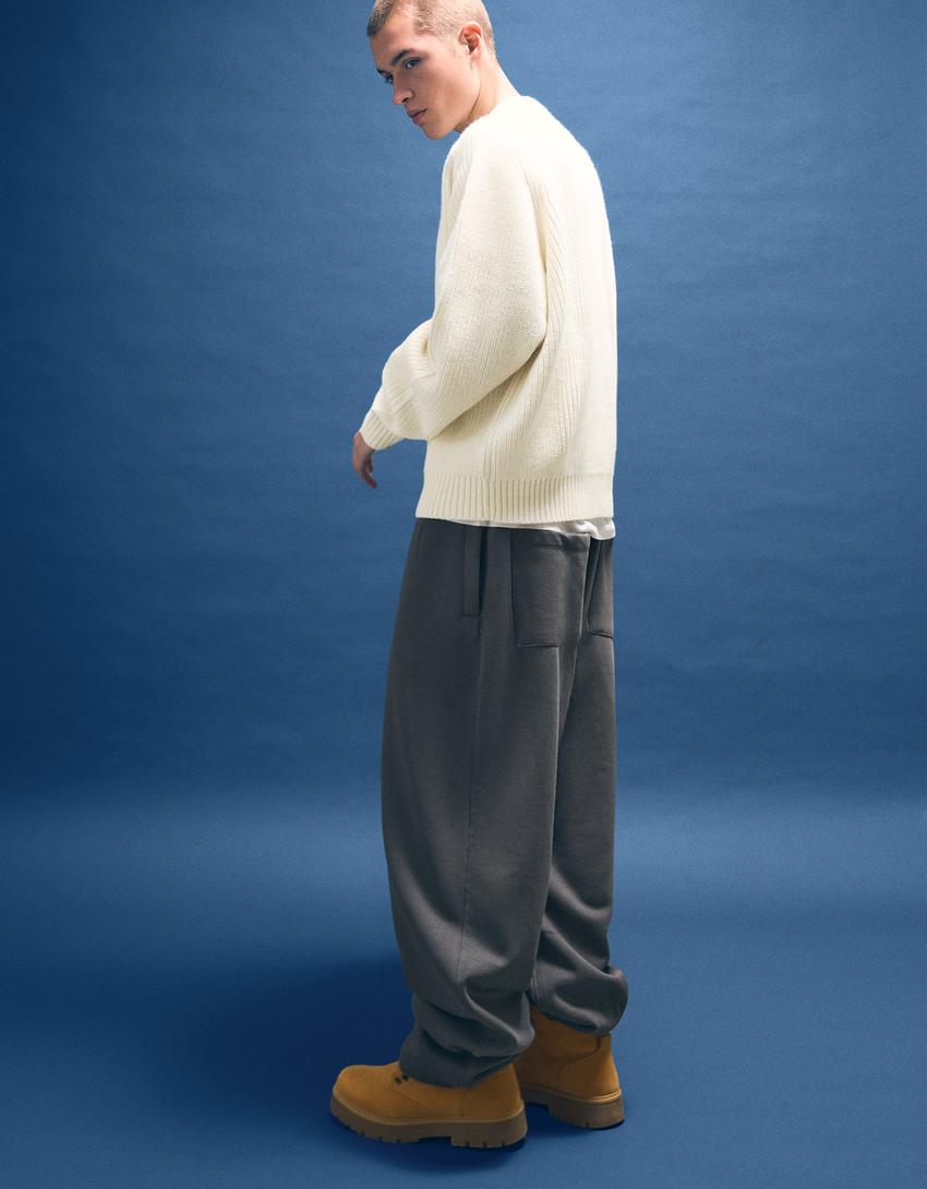 Светр оборотного переплетення зі змішаної тканини з вовною-Жовтувато-білий