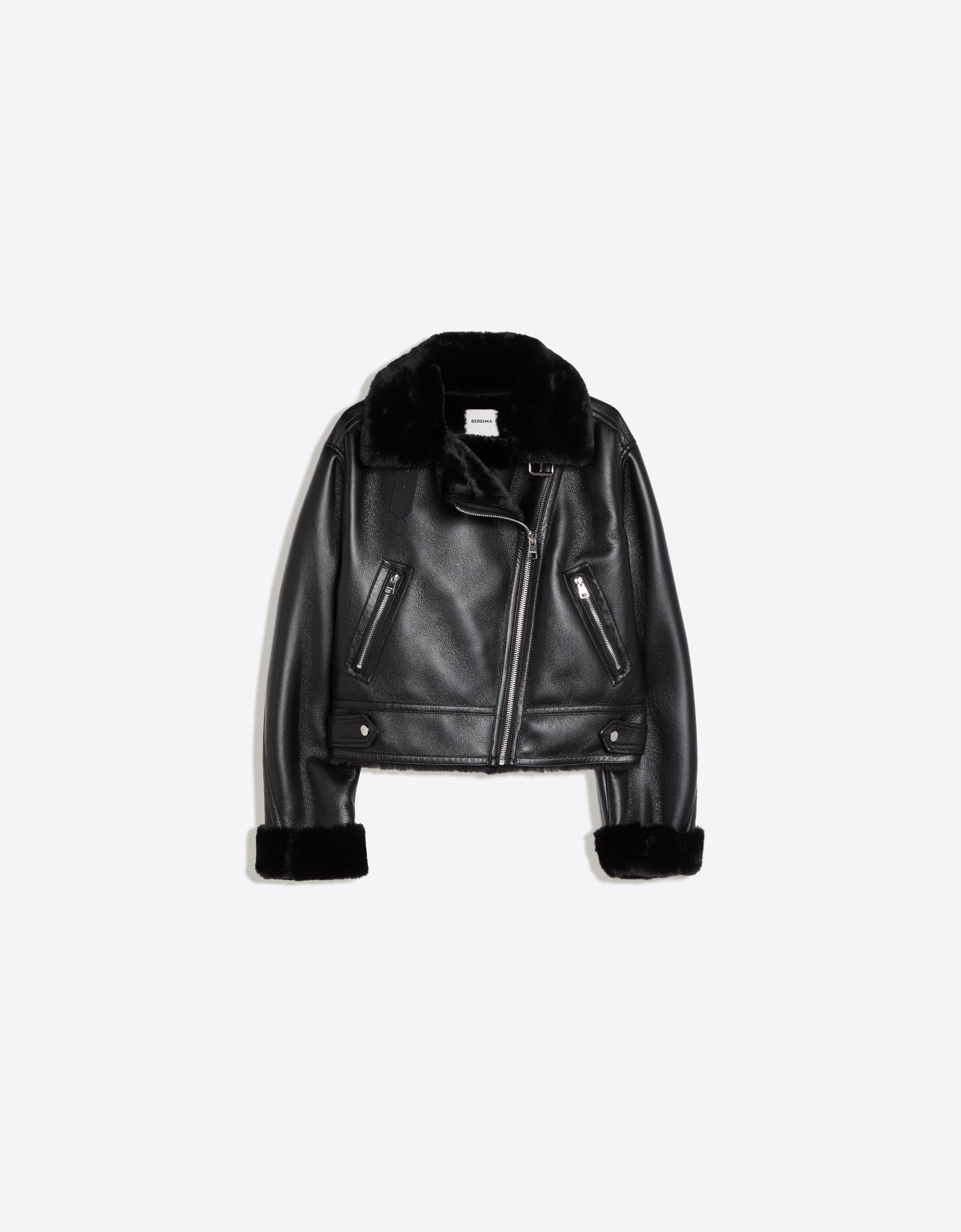 Cropped double-faced biker jacket — Black
