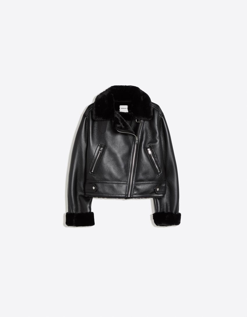 Giubbotto biker corto double face-Nero