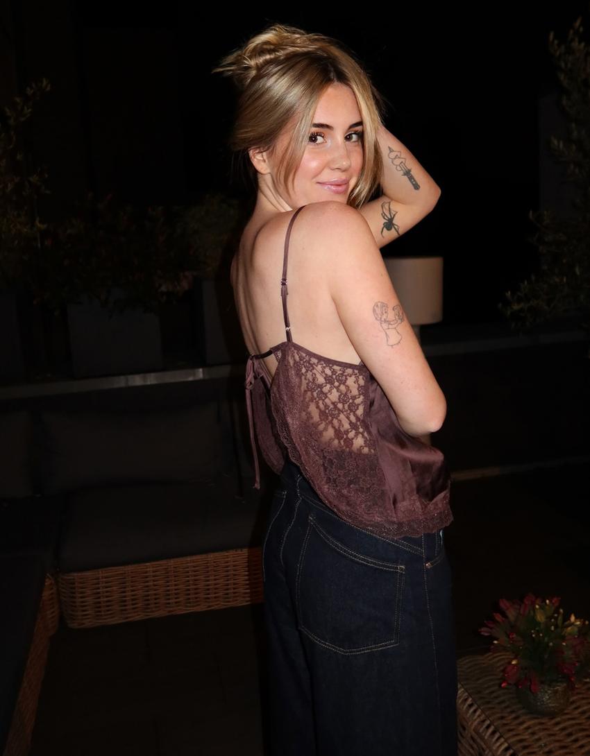 Asymmetric lace sateen strappy top