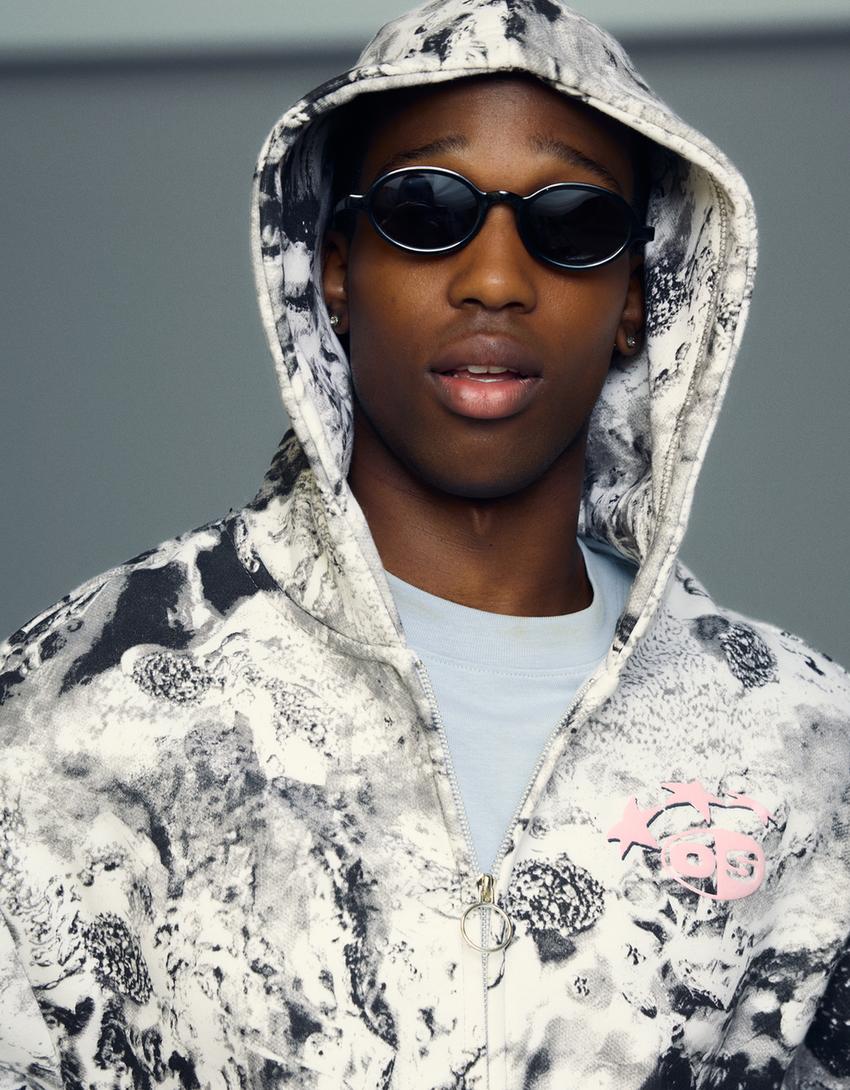 Cropped hooded print jacket-Grey