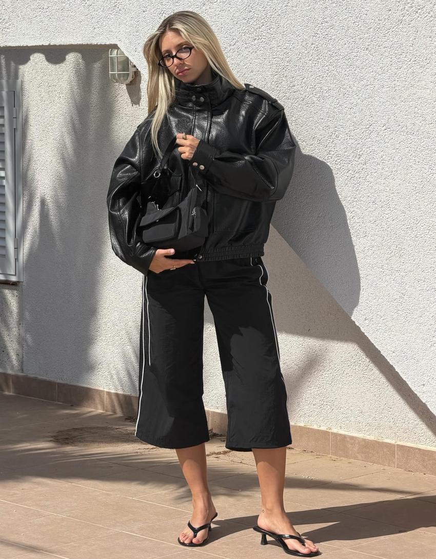 Leather effect funnel neck jacket-Black