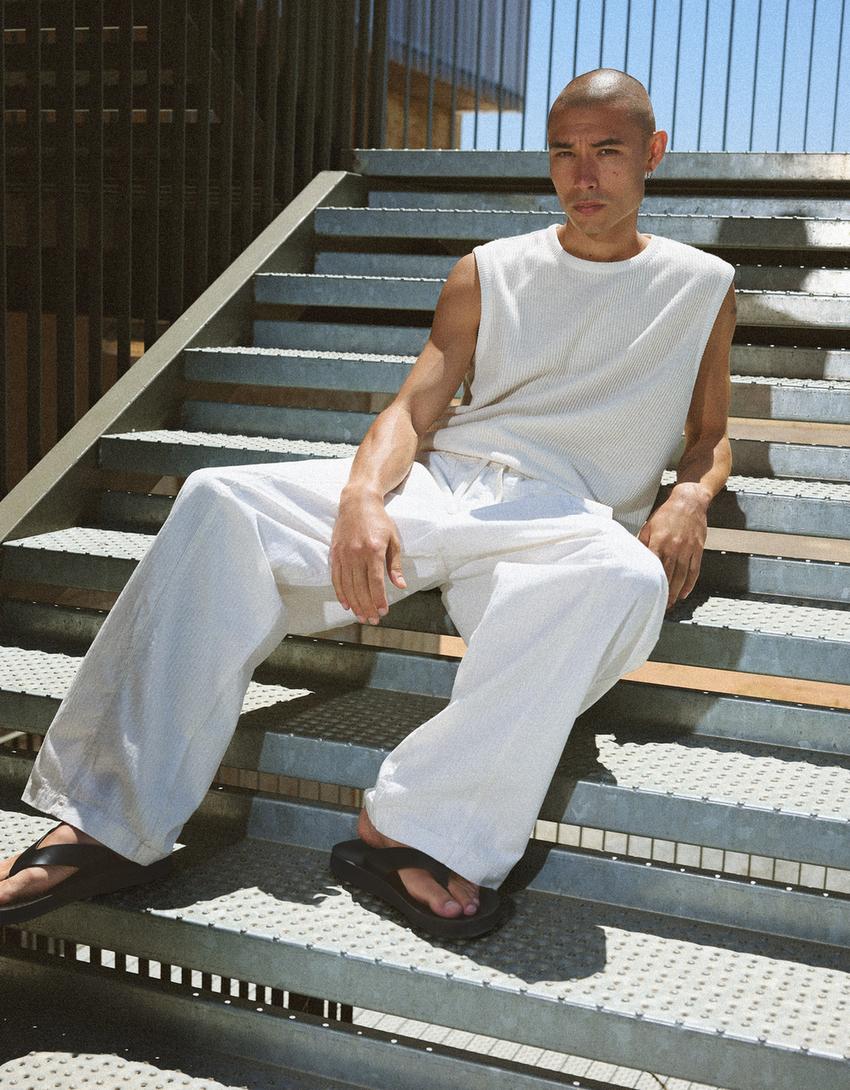Pantalón super baggy raya tejida-Crudo-0