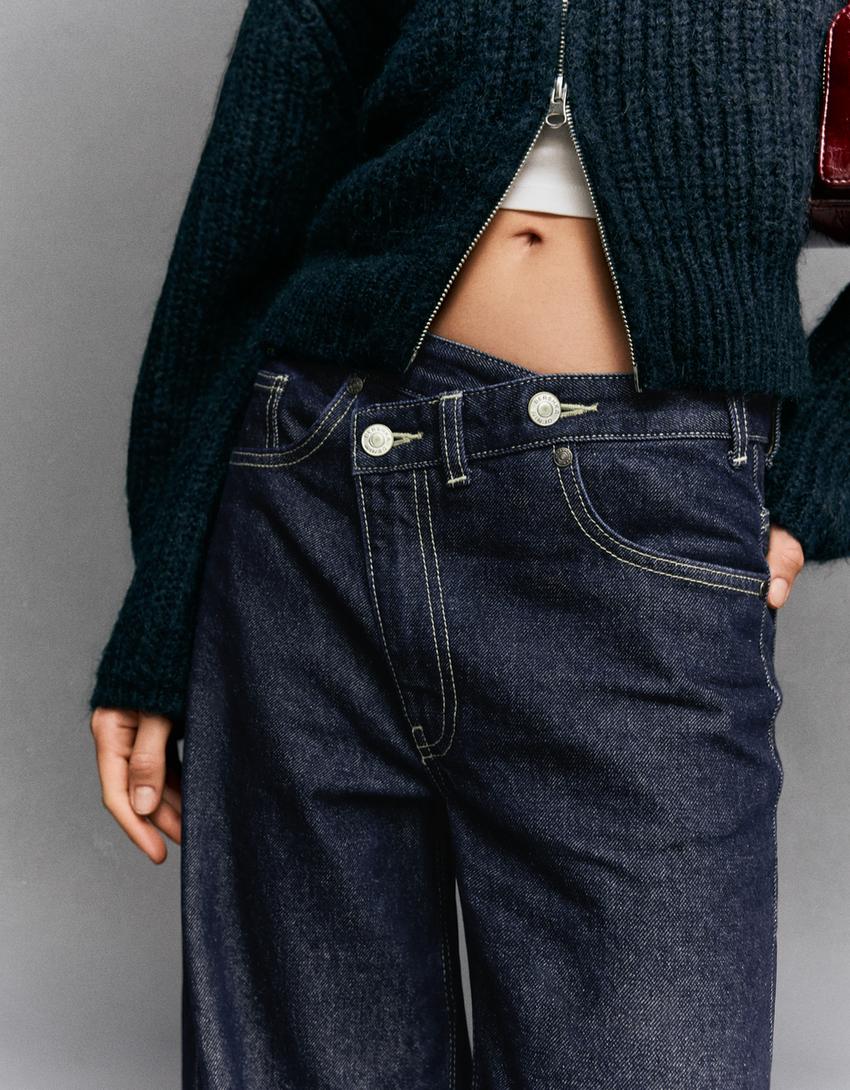 Jeans wide leg taille croisée-Marine
