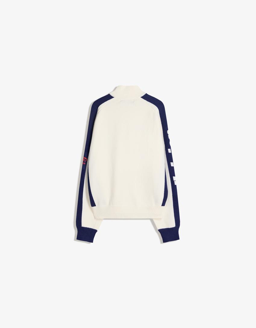 Pull col zippé imprimé-Blanc cassé