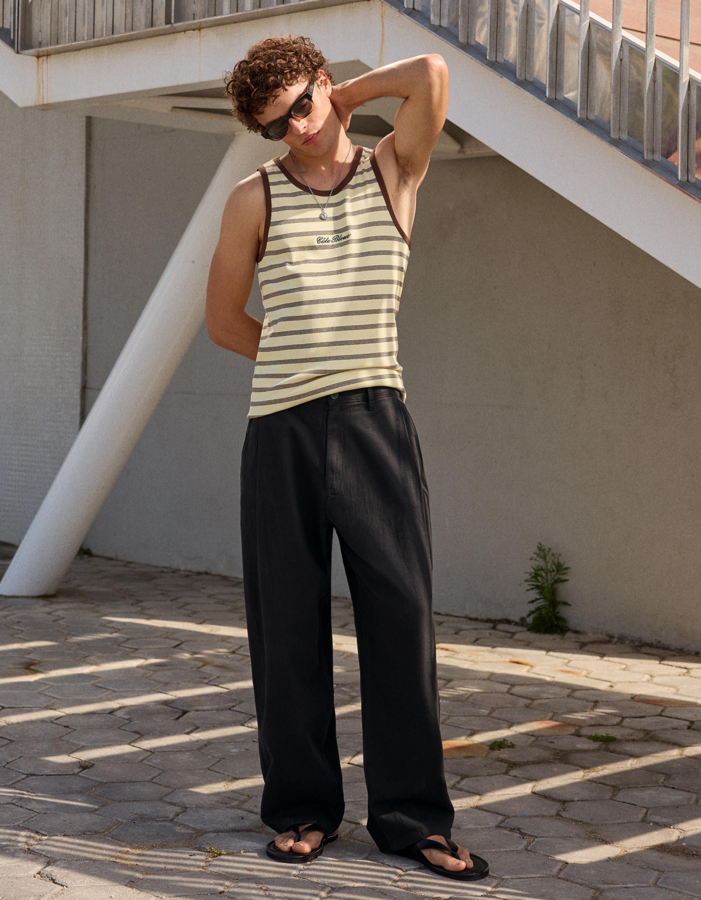 Bershka Pantalón Super Baggy Con Lino Hombre Negro