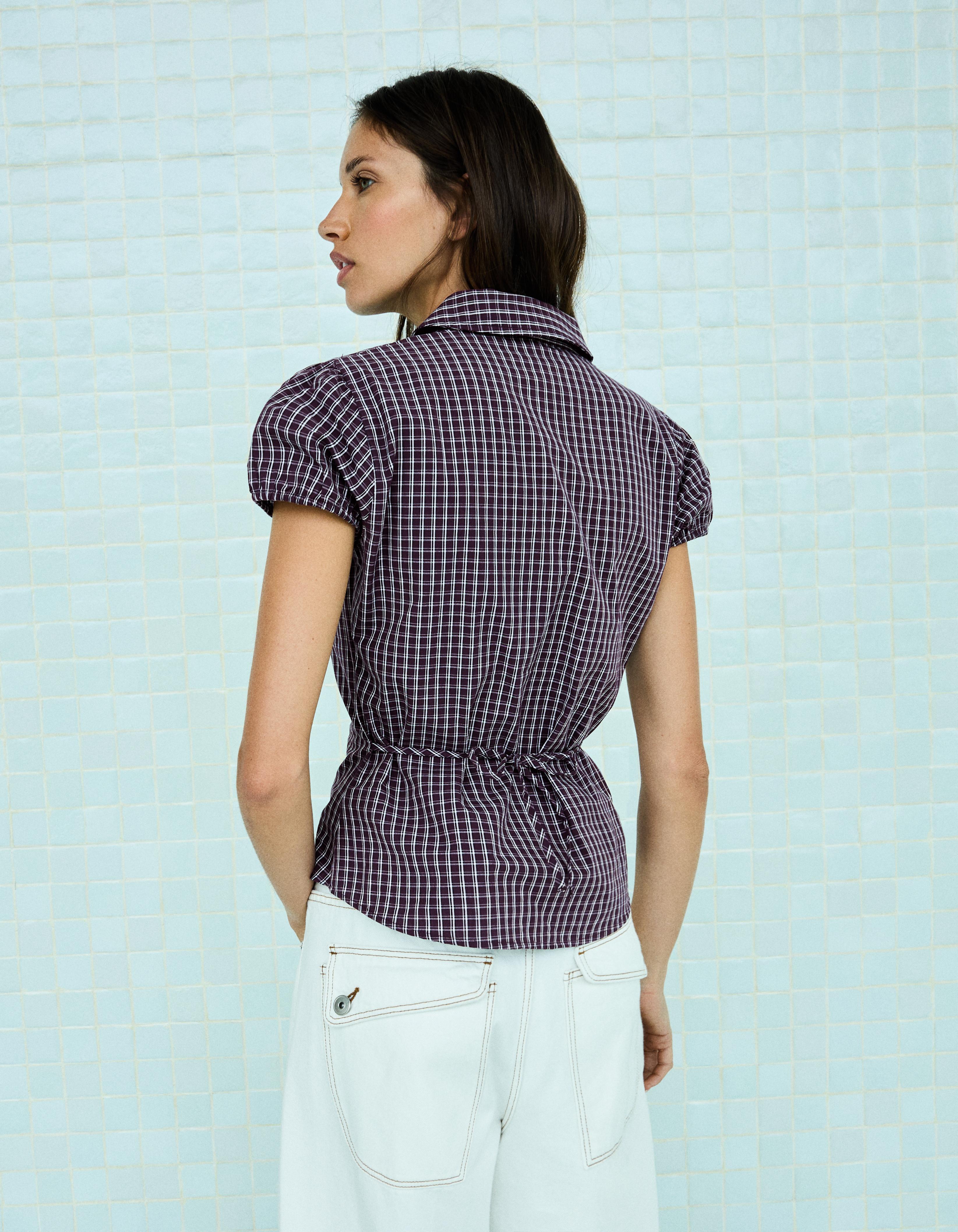 Short sleeve poplin tie-front shirt — Maroon