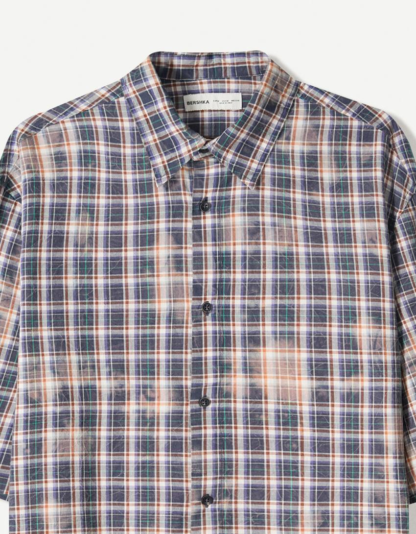 Oversize check short sleeve shirt-Cream-2