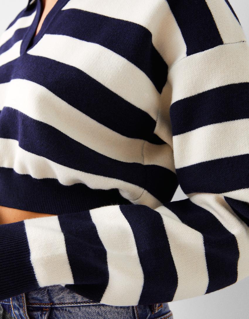 Striped Polo Collar Sweater - One Color