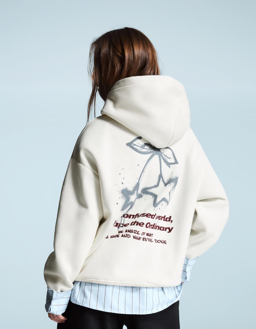 Sweat à capuche imprimé-Écru