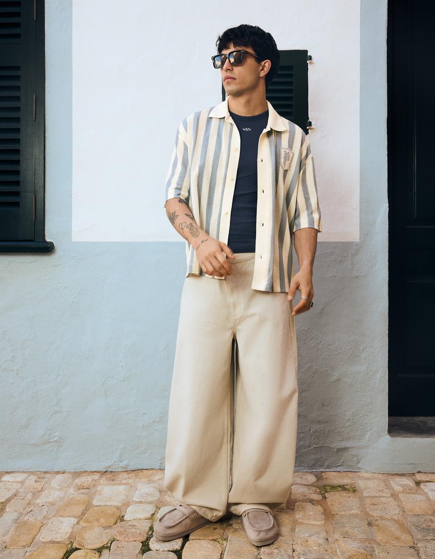 Short sleeve stripe patch shirt-Light blue