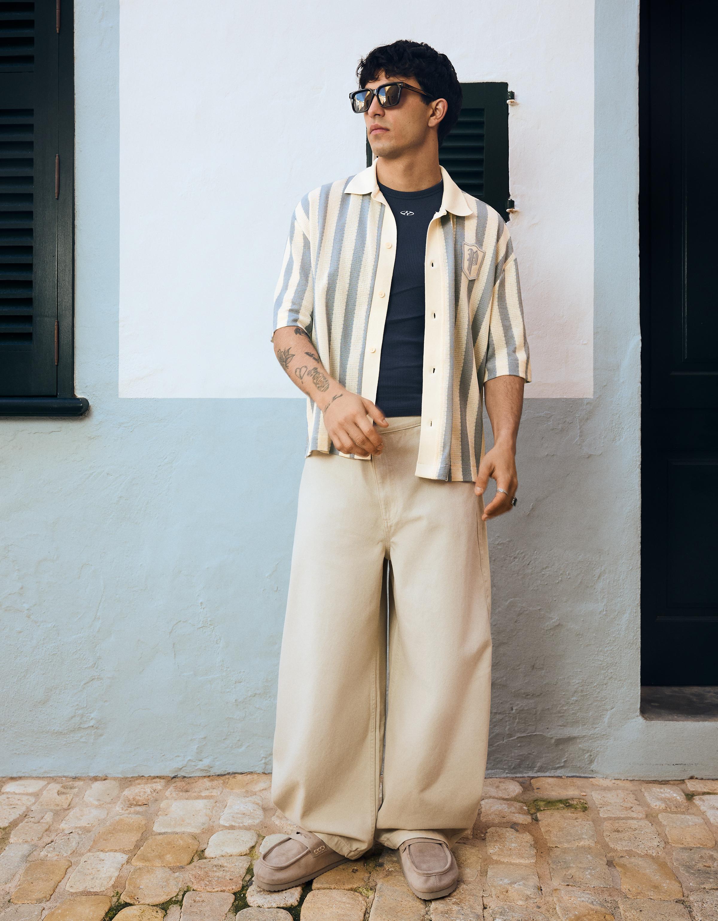 Yamalı kısa kollu çizgili gömlek