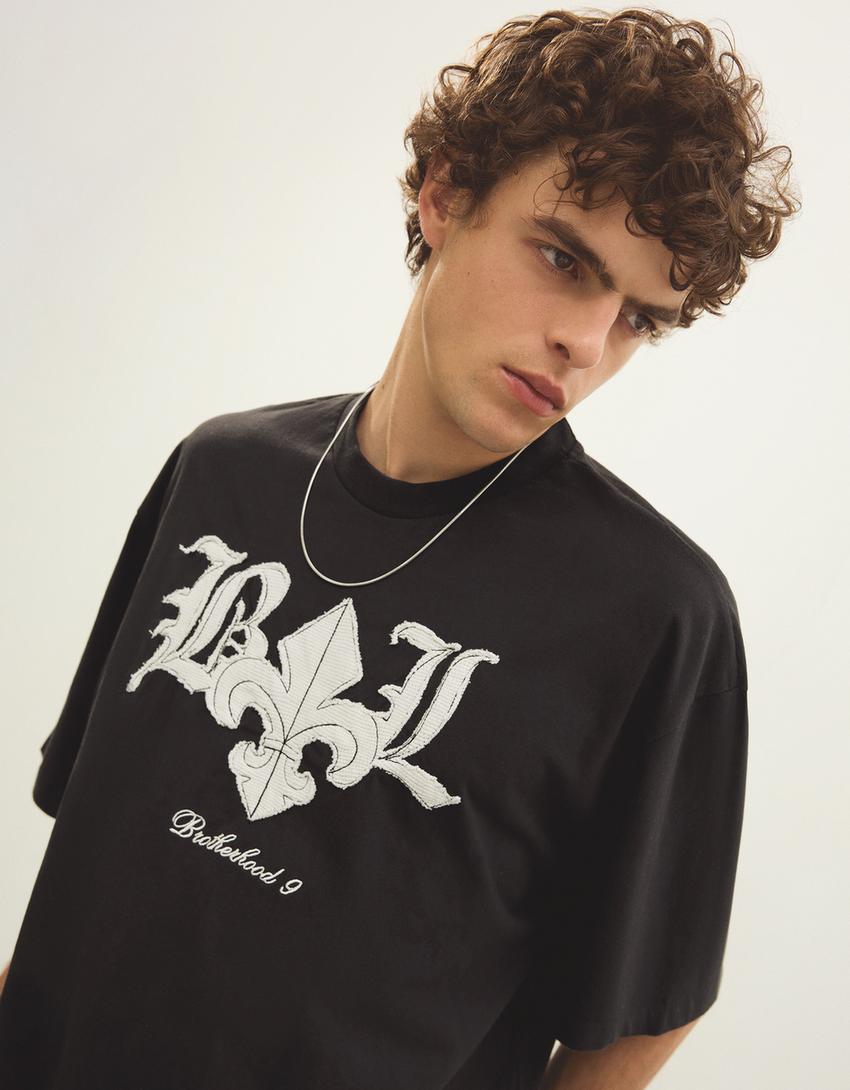 Boxy fit waffle-knit T-shirt-Black