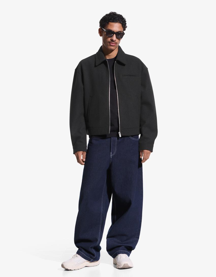 Fermuarlı kumaş ceket-Siyah