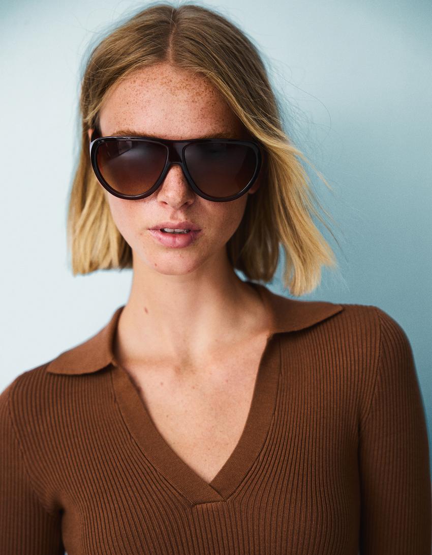 Ribbed polo collar sweater-Brown