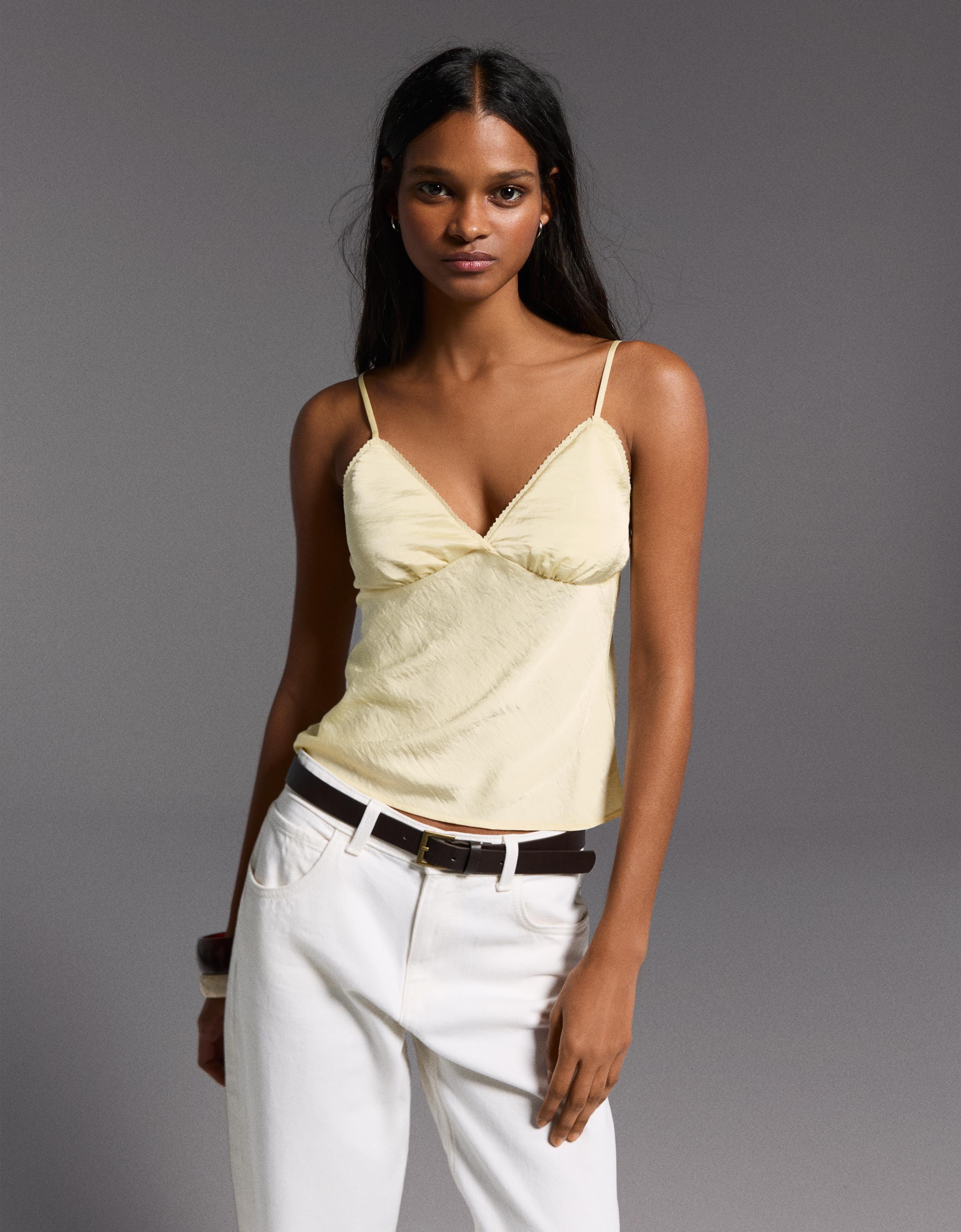 Bershka Top In Satin Con Pizzo Donna Xs Giallo
