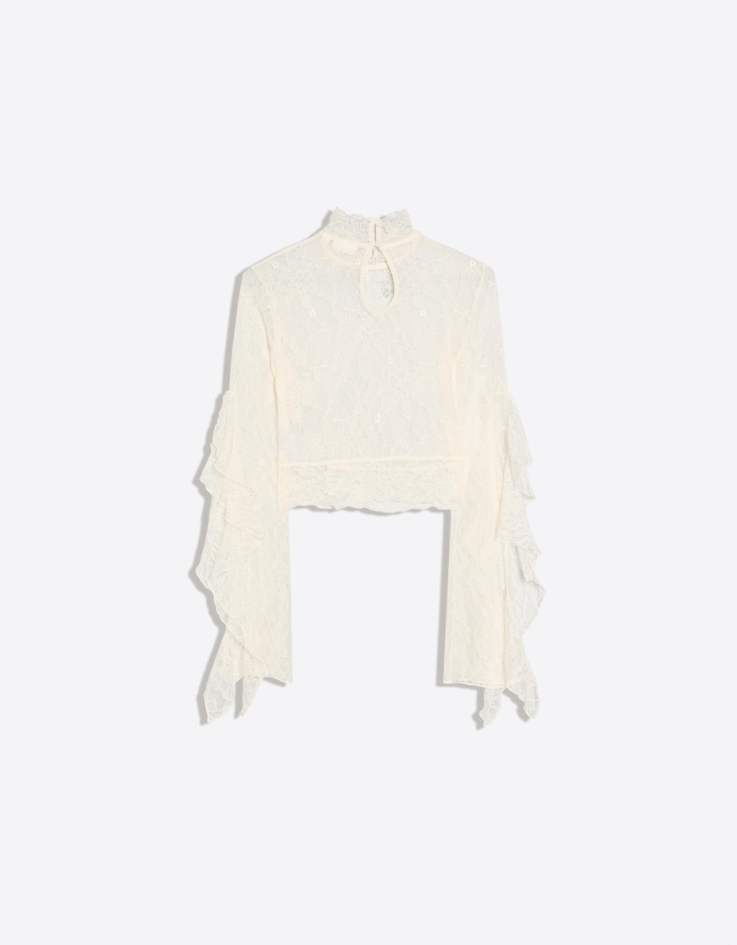 High-neck lace T-shirt with frill sleeves — Cream