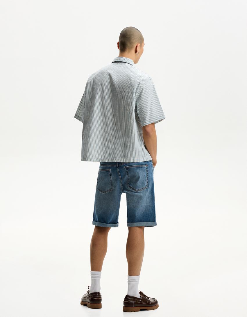 Bermuda denim bas retroussé-Bleu lavé