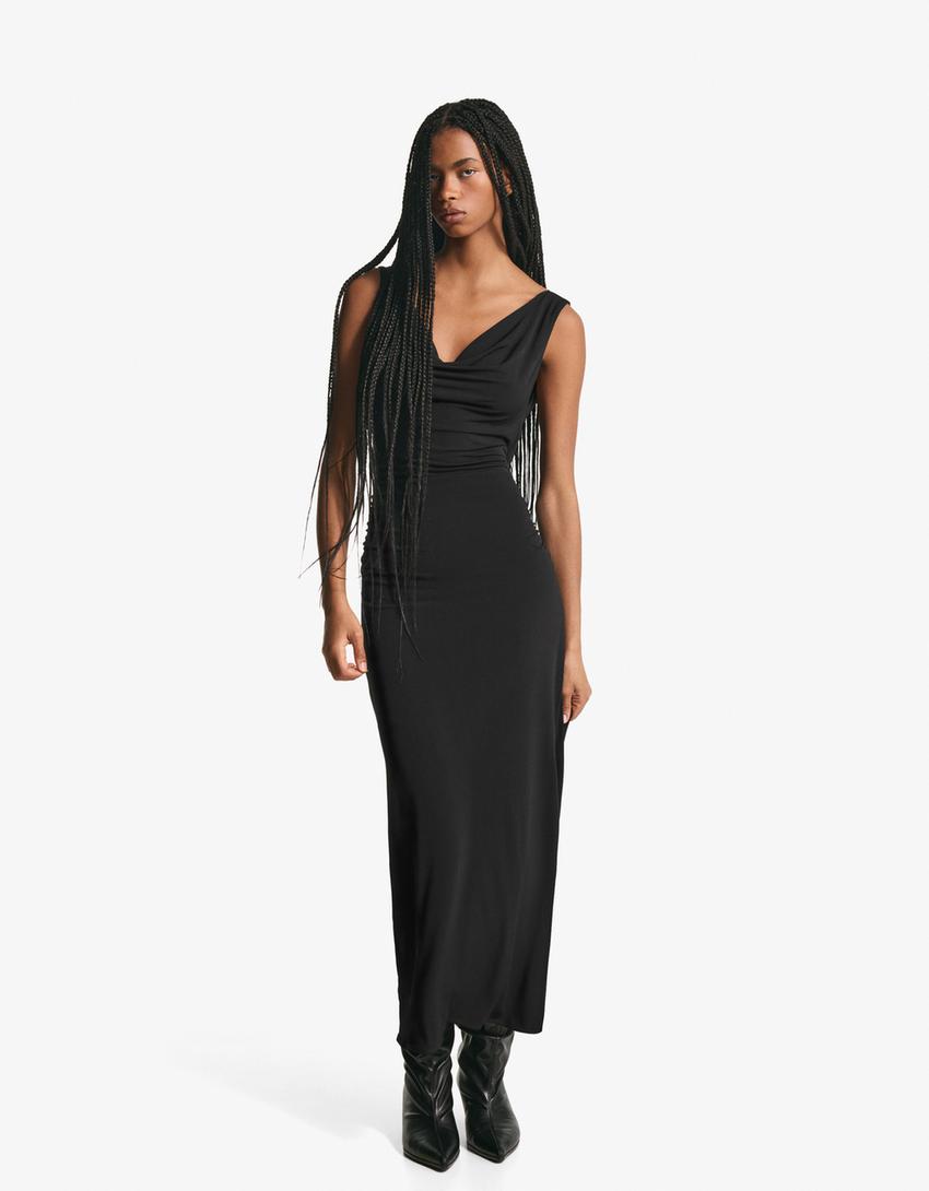 Draped midi dress-Black