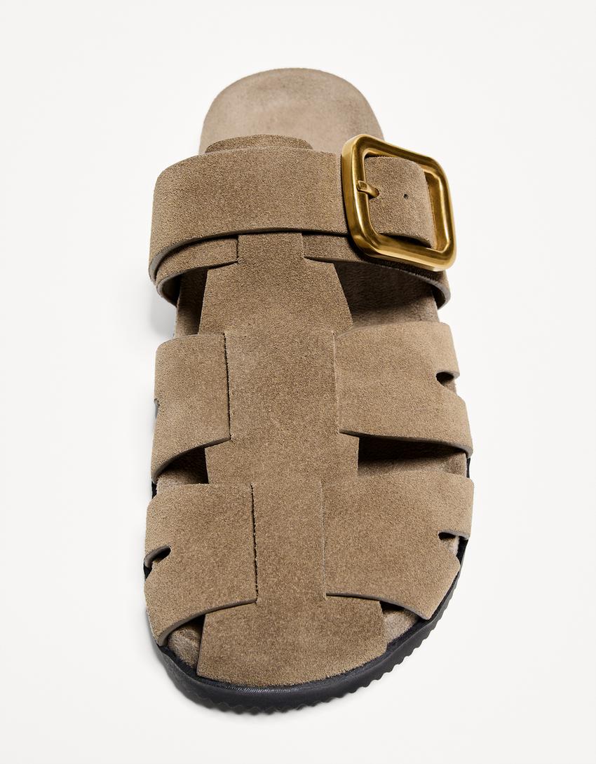 Pantoletten aus Leder im T-Steg-Sandalen-Stil-Gelbbraun-3
