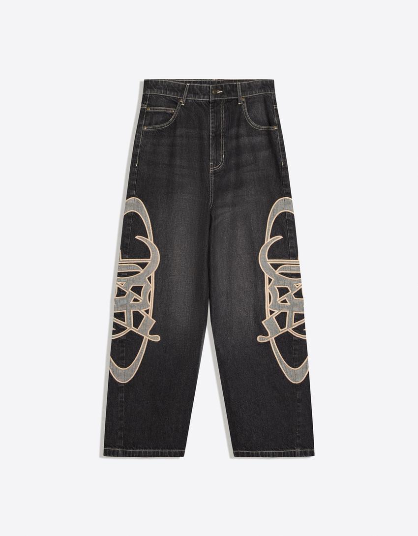 Super Baggy Jeans mit seitlichen Patches-Schwarz