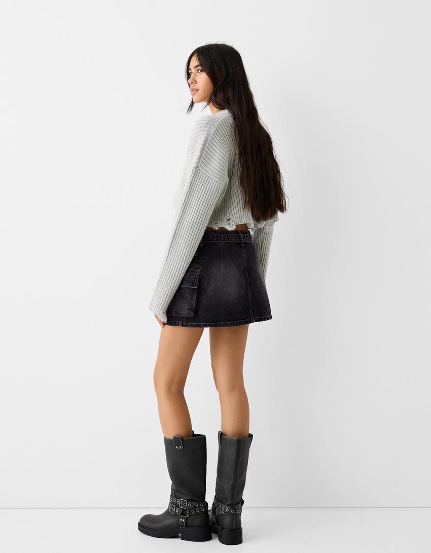 Belted twill cargo mini skirt-Grey
